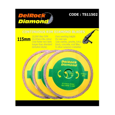 DIAMOND BLADE 3PCE SET 115MM CONT. RIM  DELROCK